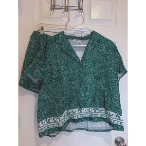 BOKEF Floral Print Pajama Set - Short Sleeve Top & Shorts - Green - XL